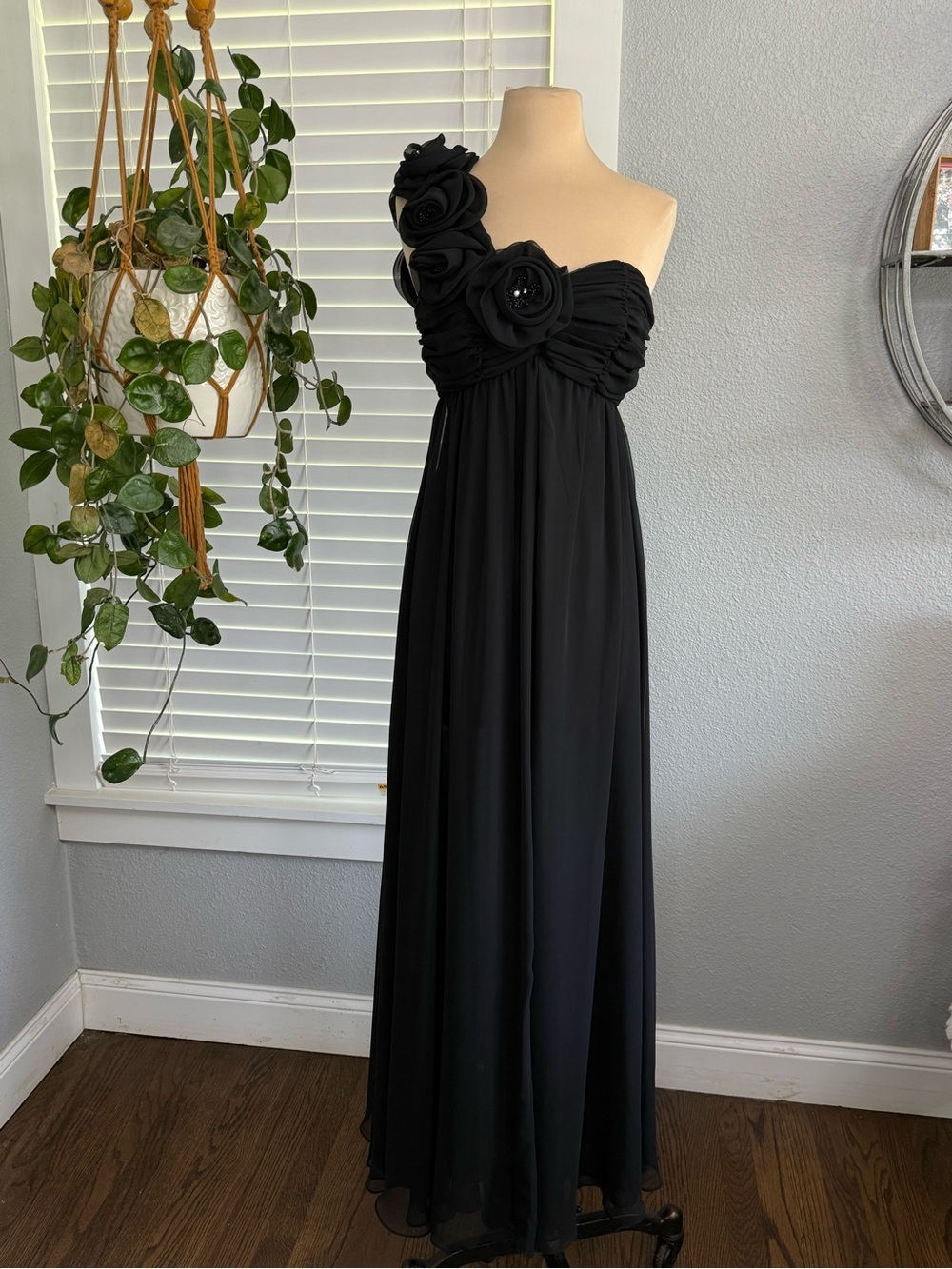 Vintage 3D Chiffon Flower One Shoulder Dress Size 4